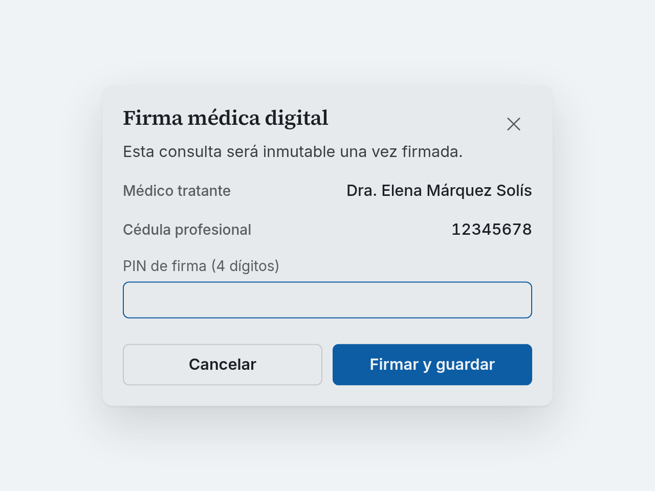 Diálogo de firma pidiendo el PIN, con el aviso de que la nota será inmutable.