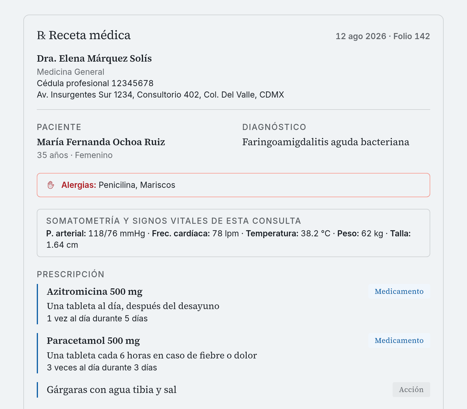 Receta médica generada por PharmaDoc, en formato carta.