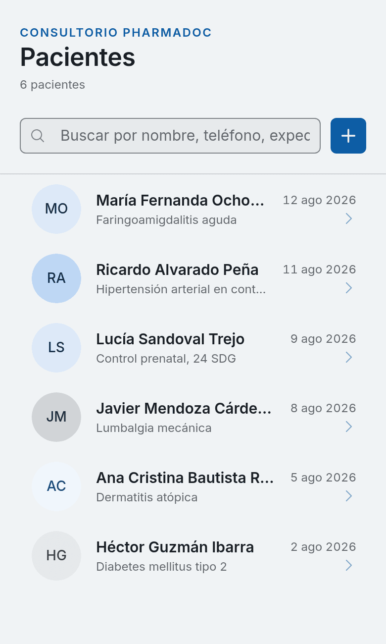 Lista de pacientes de PharmaDoc en un teléfono.